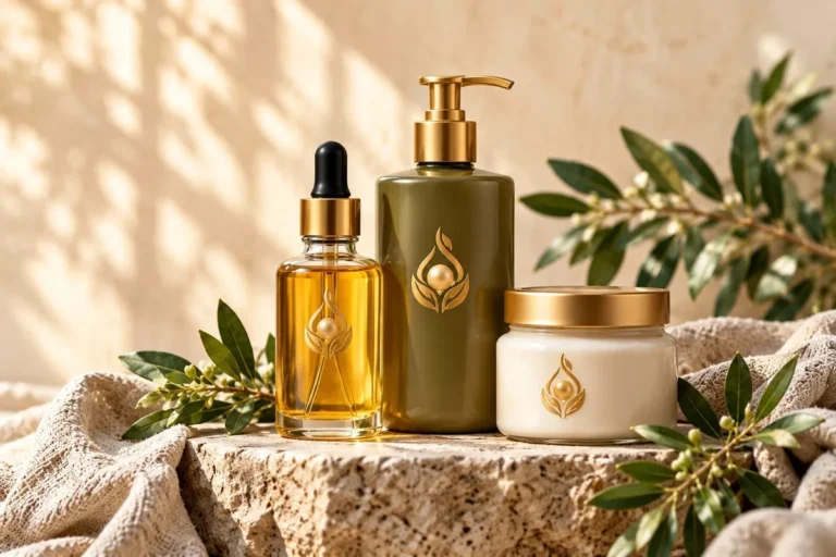 NaturePearl face cream, serum and hair oil bottles on a stone surface with green leaves